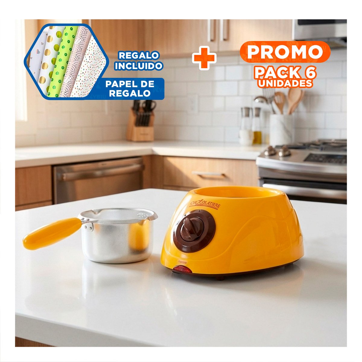 PACK6 OLLA PRACTICA PARA CHOCOLATE CON ACCESORIOS AMARILLO Y+PAPEL REGALO - 1