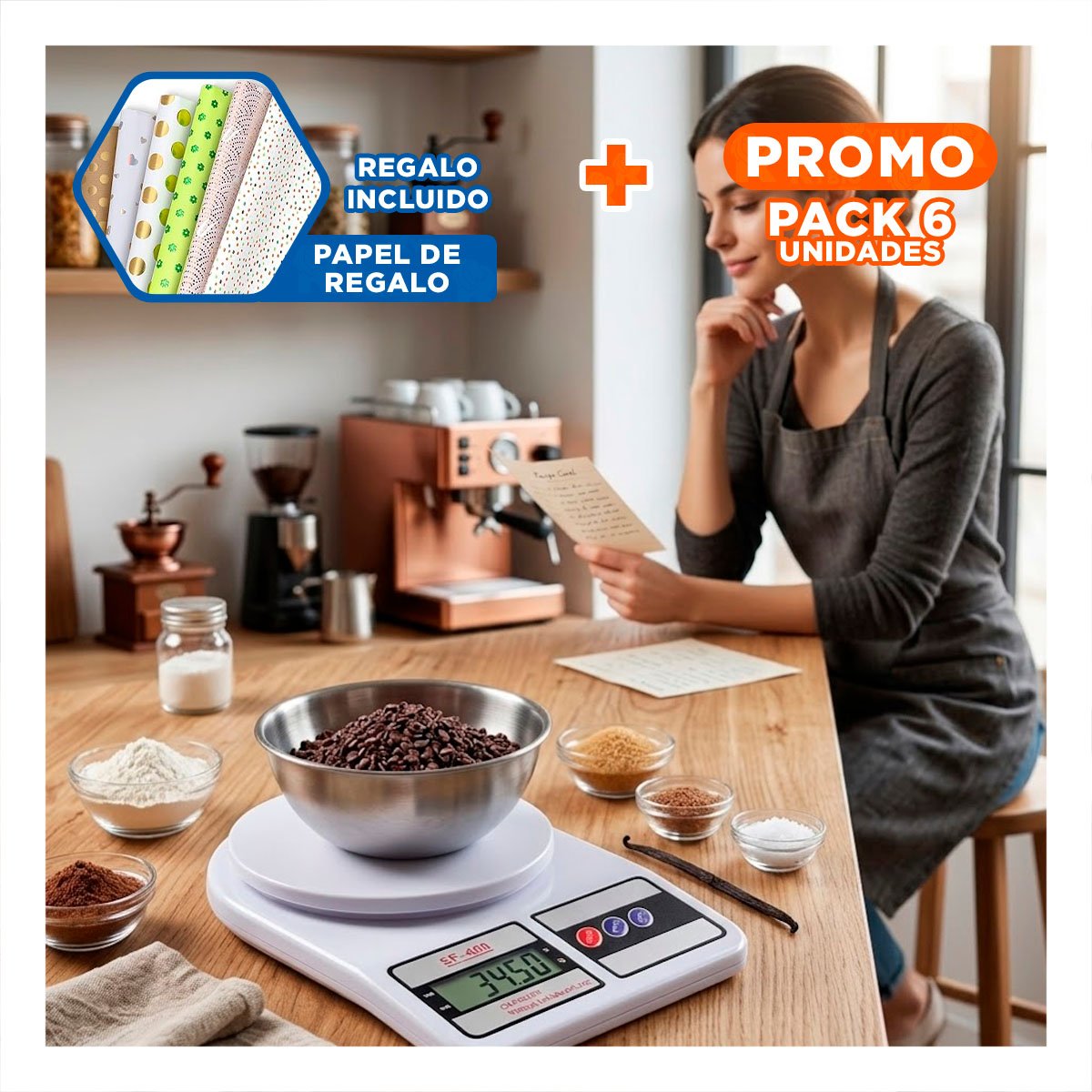 PACK6 PESADORA GRAMERA PARA ALIMENTOS Y YOGUIS CON MEDICIÓN PRECISA BLANCO Y+PAPEL REGALO - 1