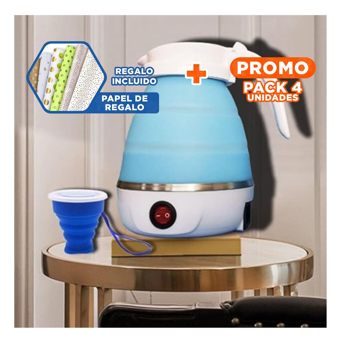 PACK4 JARRA PRACTICA ELECTRICA DE SILICONA 600ML CELESTE PARA OFICINA Y+PAPEL REGALO - 1