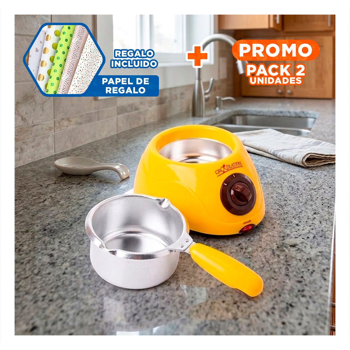 PACK2 CACEROLA PARA BEBIDAS CALIENTES CON ACCESORIOS AMARILLO Y+PAPEL REGALO - 1
