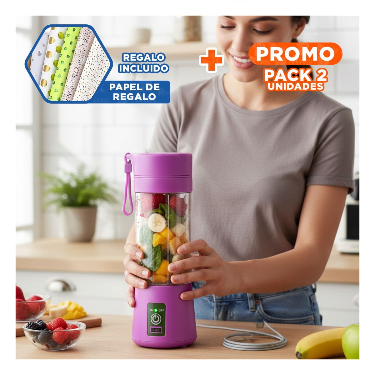 PACK2 MINI MEZCLADORA PORTATIL LILA RECARGABLE PARA BATIDOS Y+PAPEL REGALO - 1