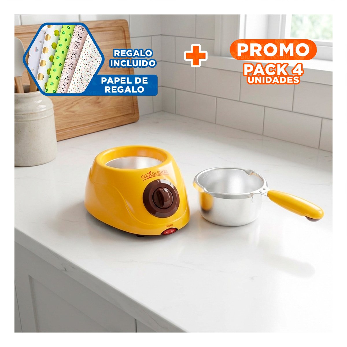 PACK4 RECIPIENTE PARA PREPARAR CHOCOLATE CON ACCESORIOS AMARILLO Y+PAPEL REGALO - 1