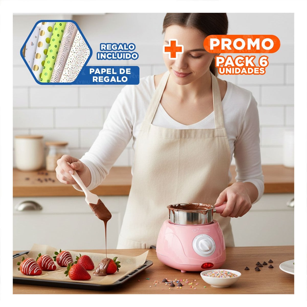 PACK6 OLLA PARA CHOCOLATE ROSADO PARA REUNIONES CON ACCESORIOS Y+PAPEL REGALO - 1