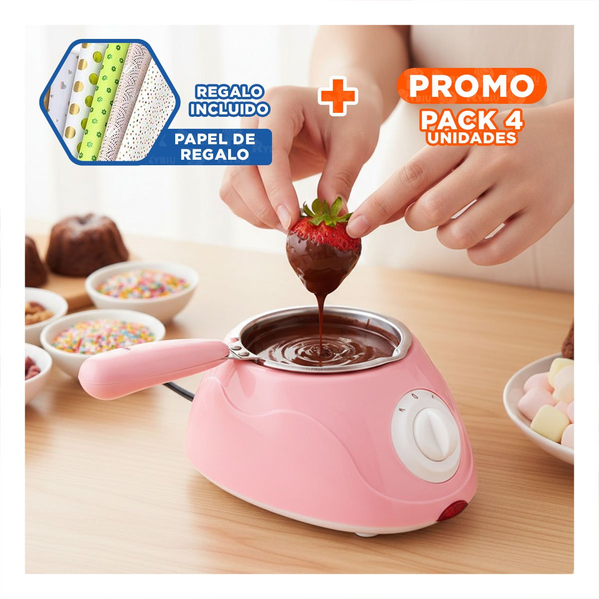 PACK4 HERVIDOR CHOCOLATERO ROSADO CON ACCESORIOS PARA CASA Y+PAPEL REGALO - 1