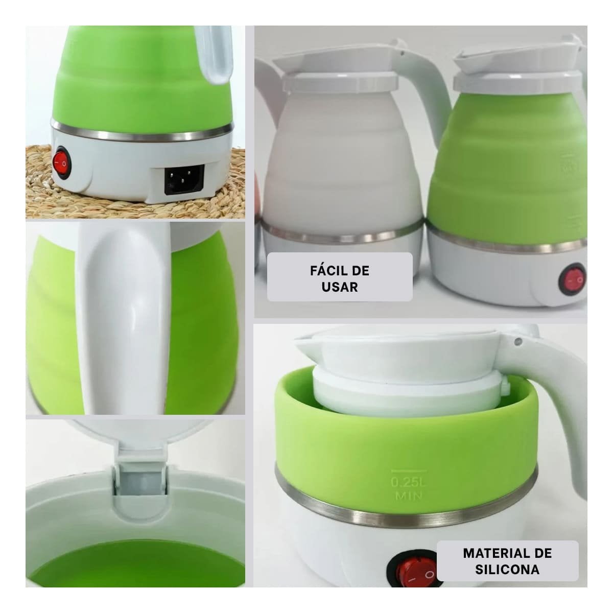 PACK6 TETETERA DE AGUA ELECTRICA PORTATIL 600ML VERDE PARA VIAJES Y+PAPEL REGALO - 3