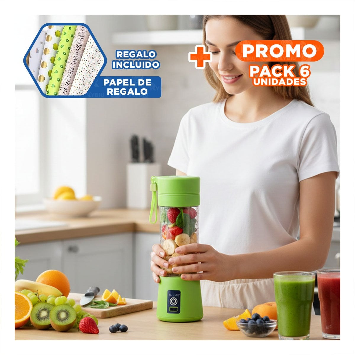 PACK6 MINI BATIDORA COMPACTA PORTATIL VERDE PARA BATIDOS Y+PAPEL REGALO - 1