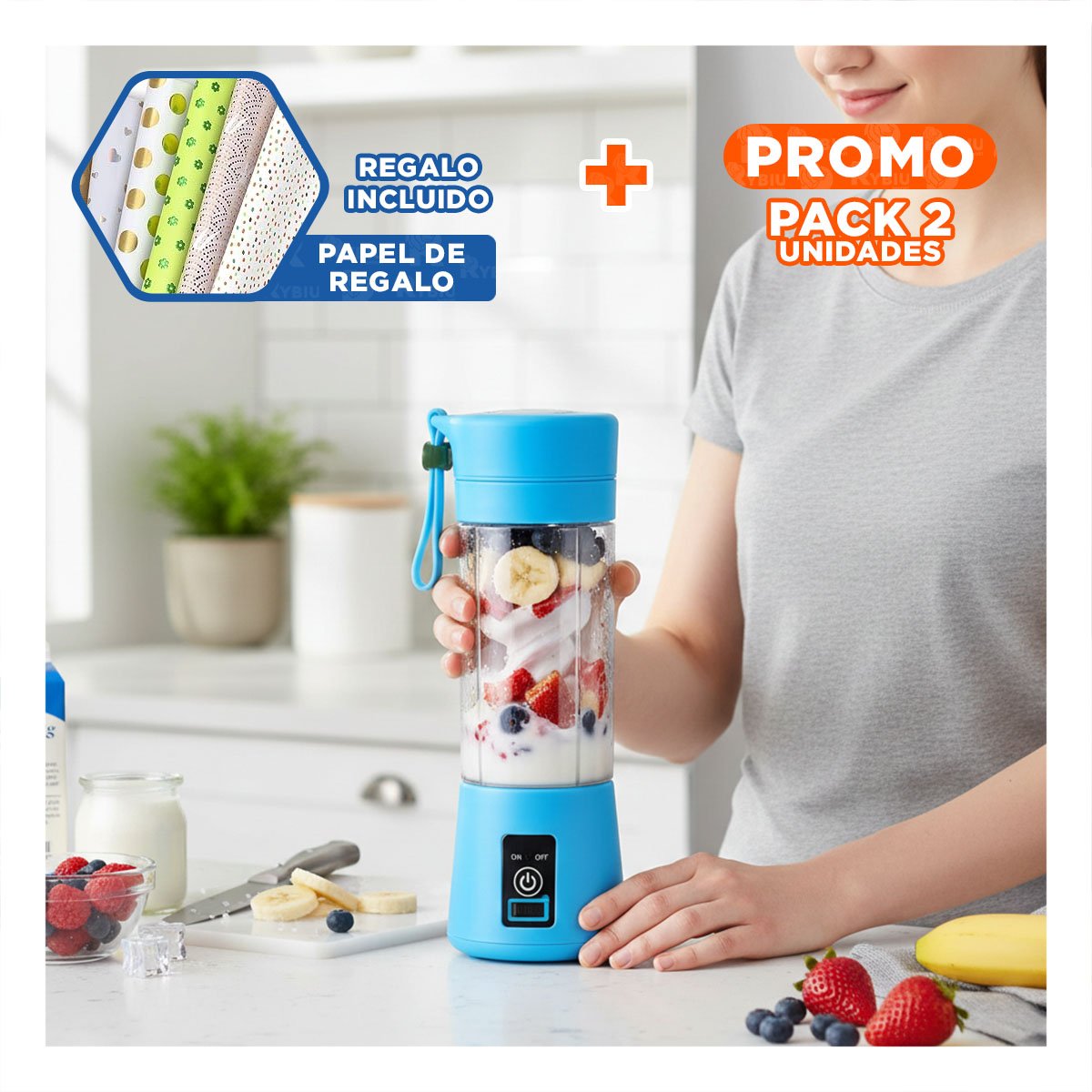 PACK2 MEZCLADORA PERSONAL PORTATIL CELESTE PARA SMOOTHIES Y+PAPEL REGALO - 1