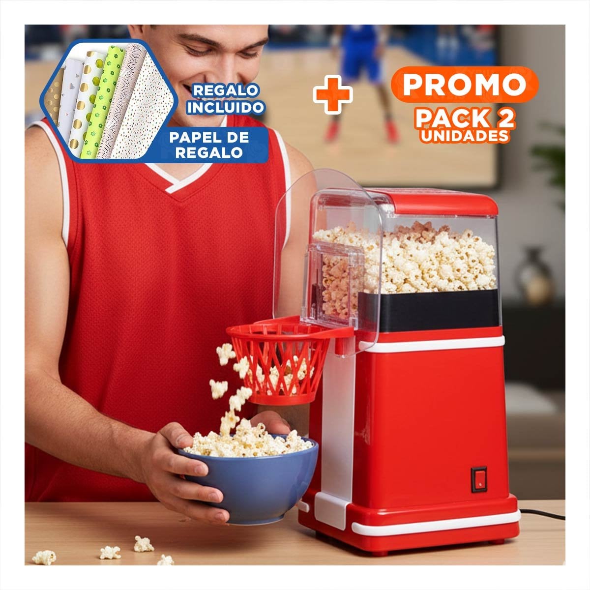 PACK2 PREPARADORA PARA POP CORN TIPO BASQUET COLOR ROJO AMBIENTE VINTAGE Y+PAPEL REGALO - 1