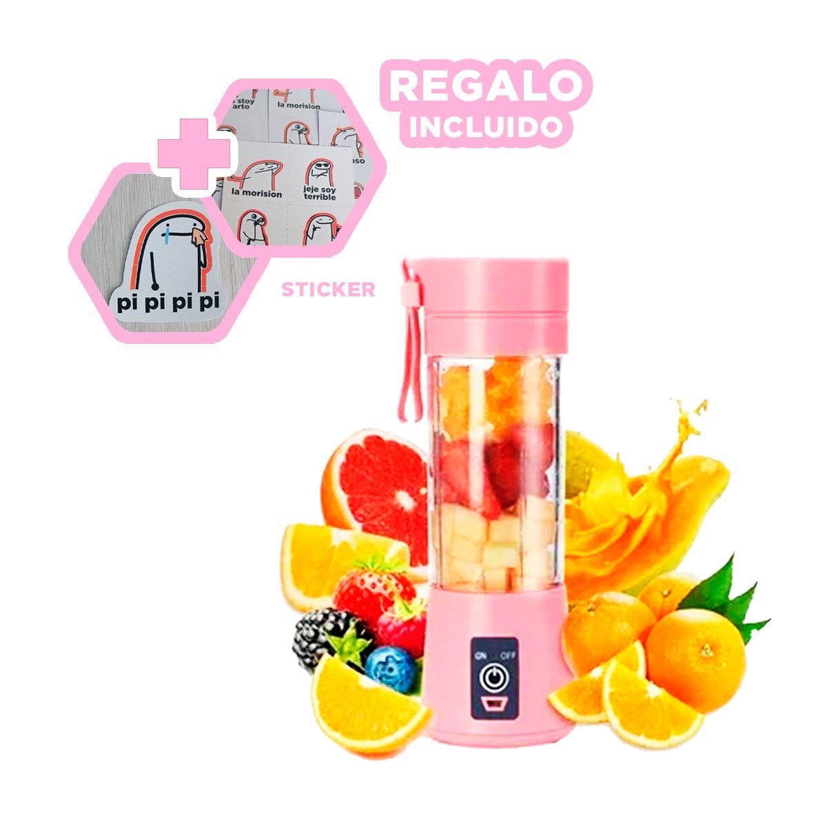 BATIDOR RECARGABLE PORTATIL ROSADO PARA JUGOS EN HOGAR Y+REGALO STICKER - 1