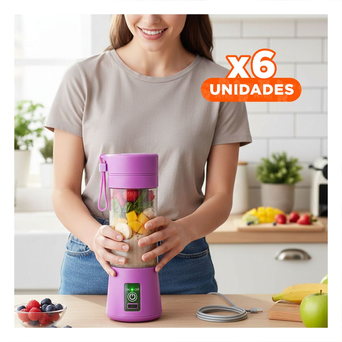 PACK6 LICUADORA COMPACTA PORTATIL LILA ELECTRICA PARA JUGOS Y+REGALO STICKER - 1