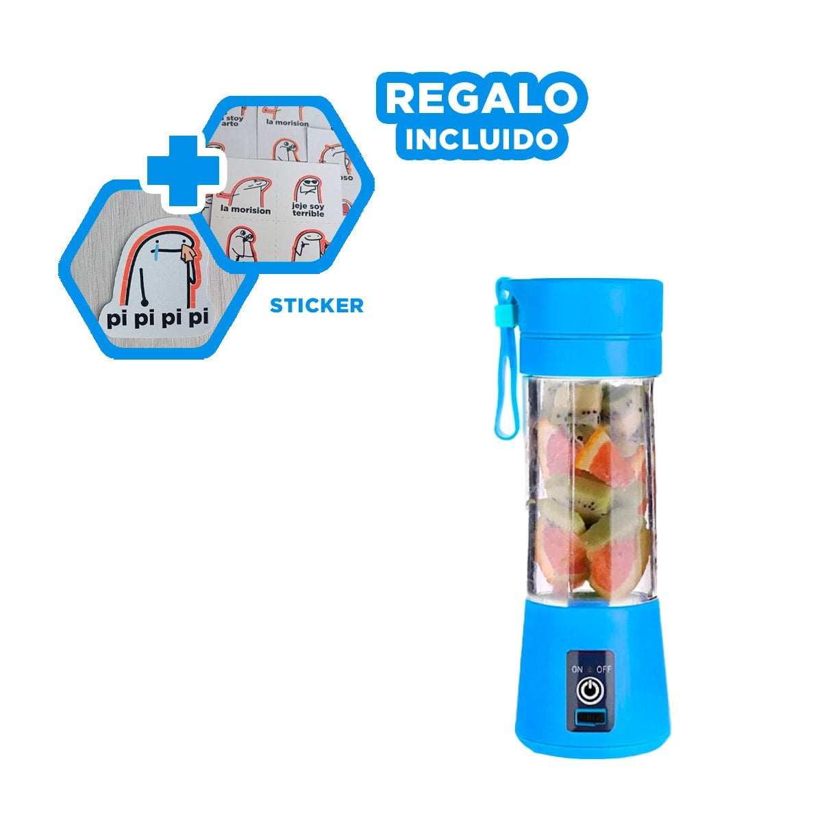 MEZCLADORA COMPACTA PORTATIL AZUL PARA JUGOS EN CASA Y+REGALO STICKER - 1