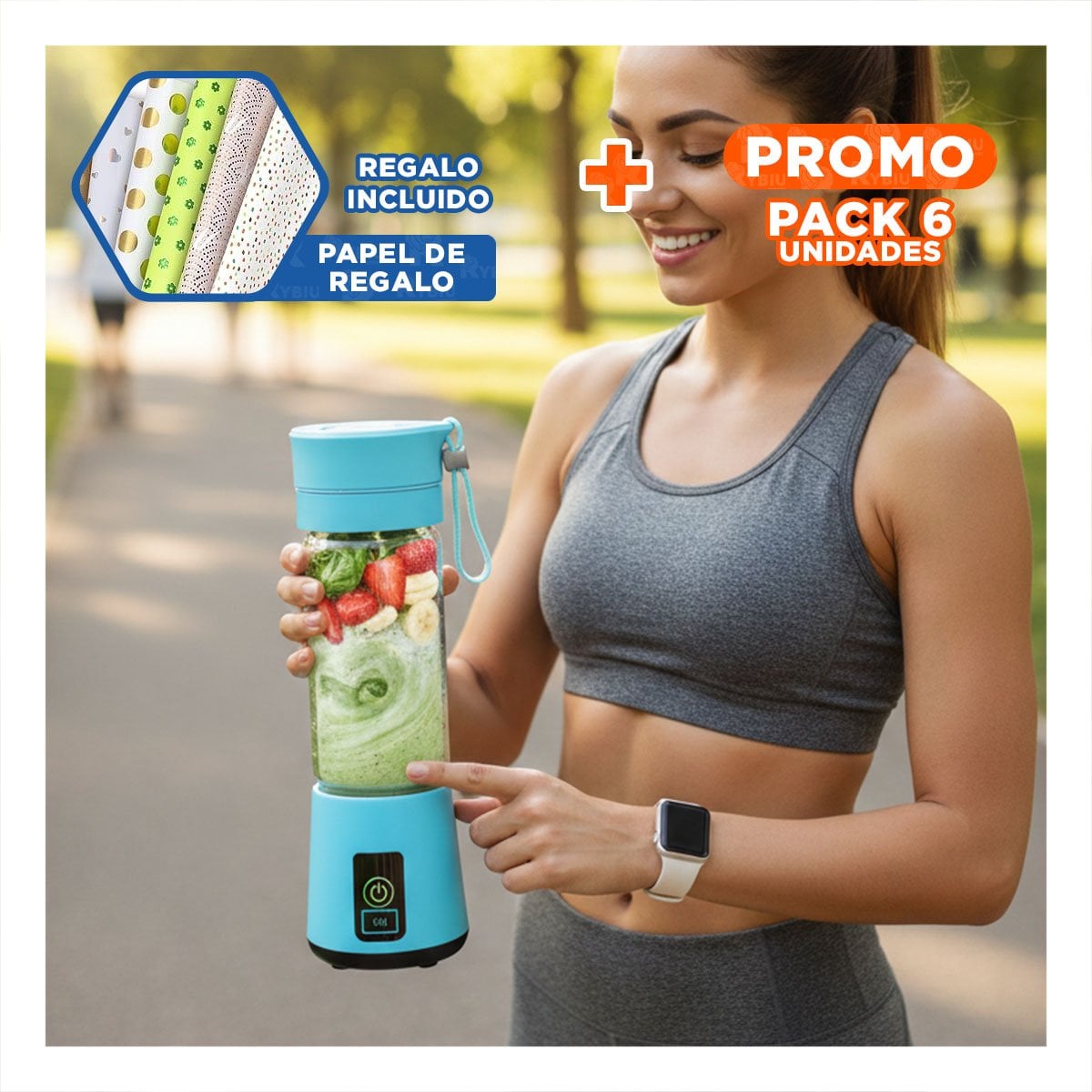 PACK6 TRITURADORA COMPACTA PORTATIL CELESTE PARA JUGOS Y+PAPEL REGALO - 1