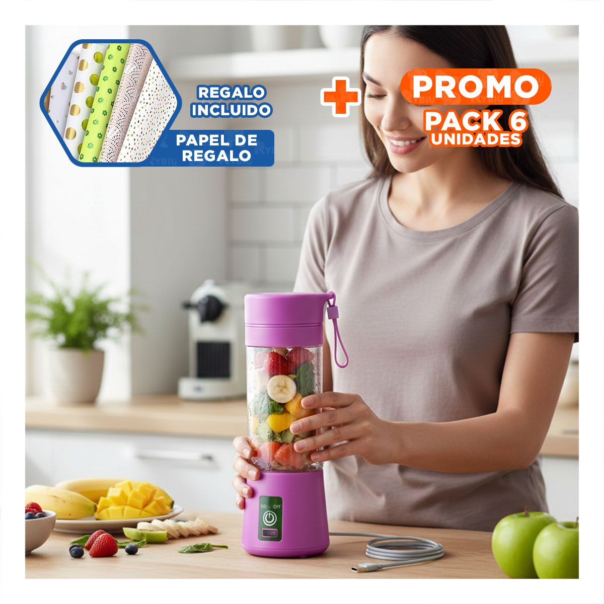PACK6 MINI BATIDORA COMPACTA PORTATIL LILA PARA BATIDOS Y+PAPEL REGALO - 1