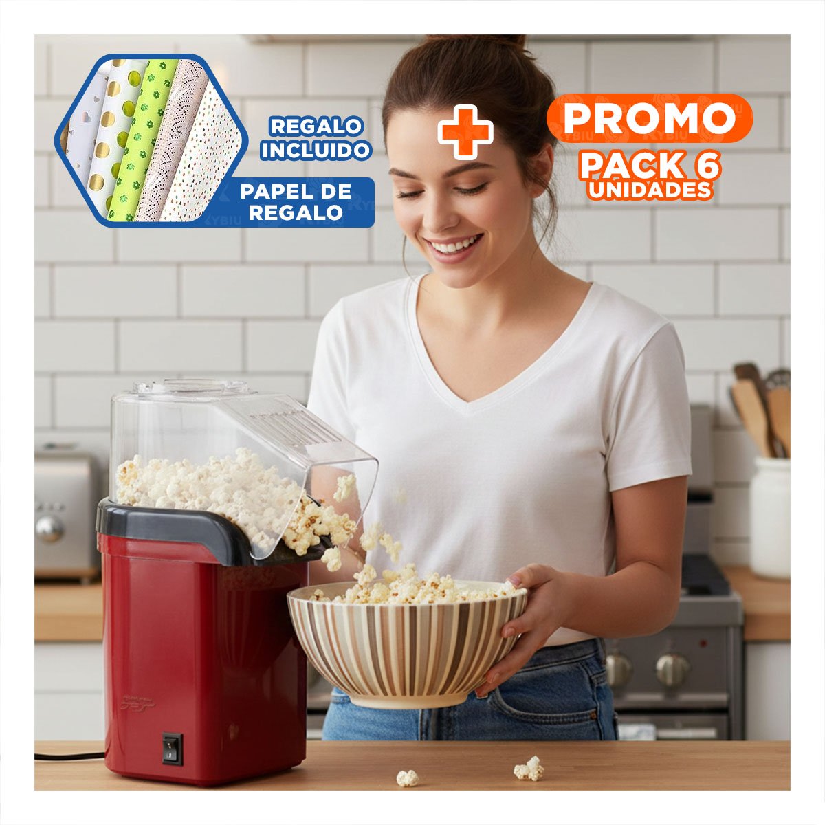 PACK6 EQUIPO RETRO DE POPCORN COLOR ROJO PARA HOGAR DISENO CLASICO Y+PAPEL REGALO - 1