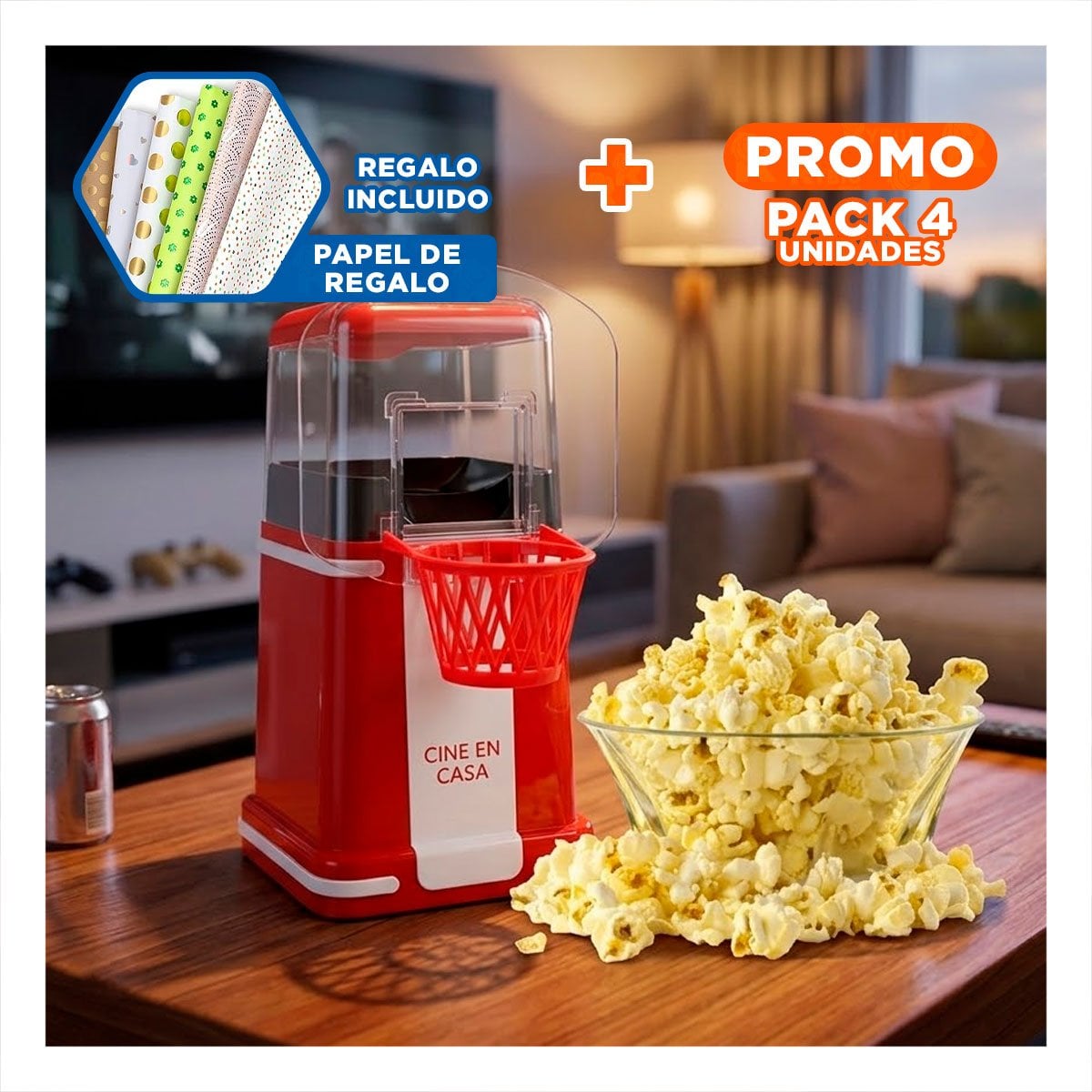 PACK4 APARATO CASERO DE POP CORN TIPO BASQUET COLOR ROJO ESTILO CINE Y+PAPEL REGALO - 1