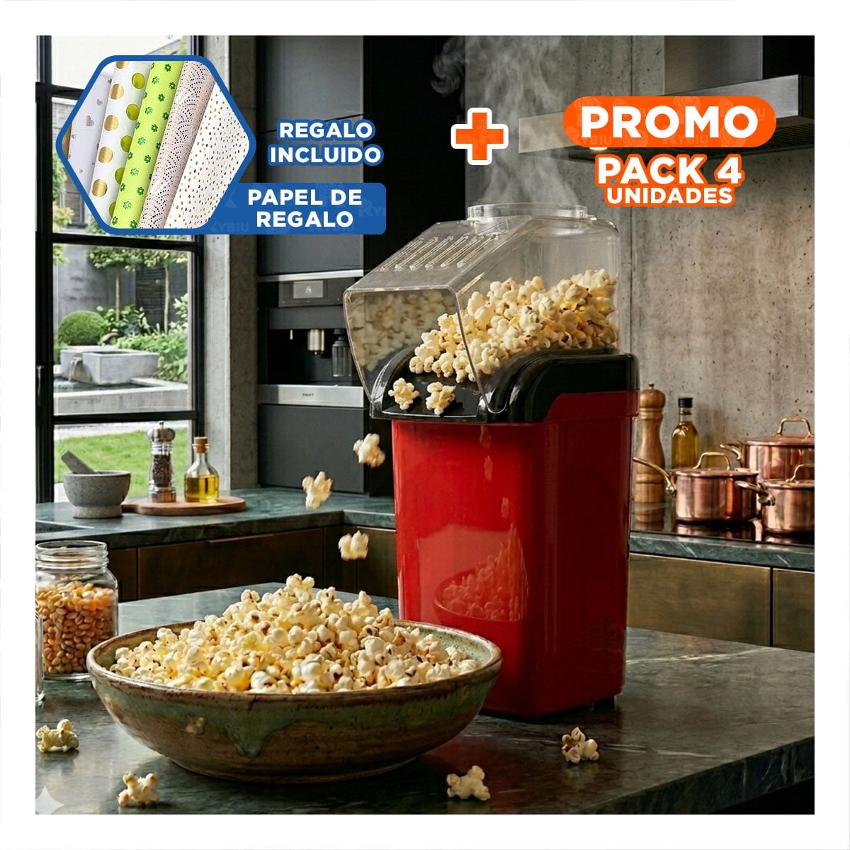PACK4 PREPARADORA DE POPCORN COLOR ROJO CON DISENO CLASICO PARA CASA Y+PAPEL REGALO - 1