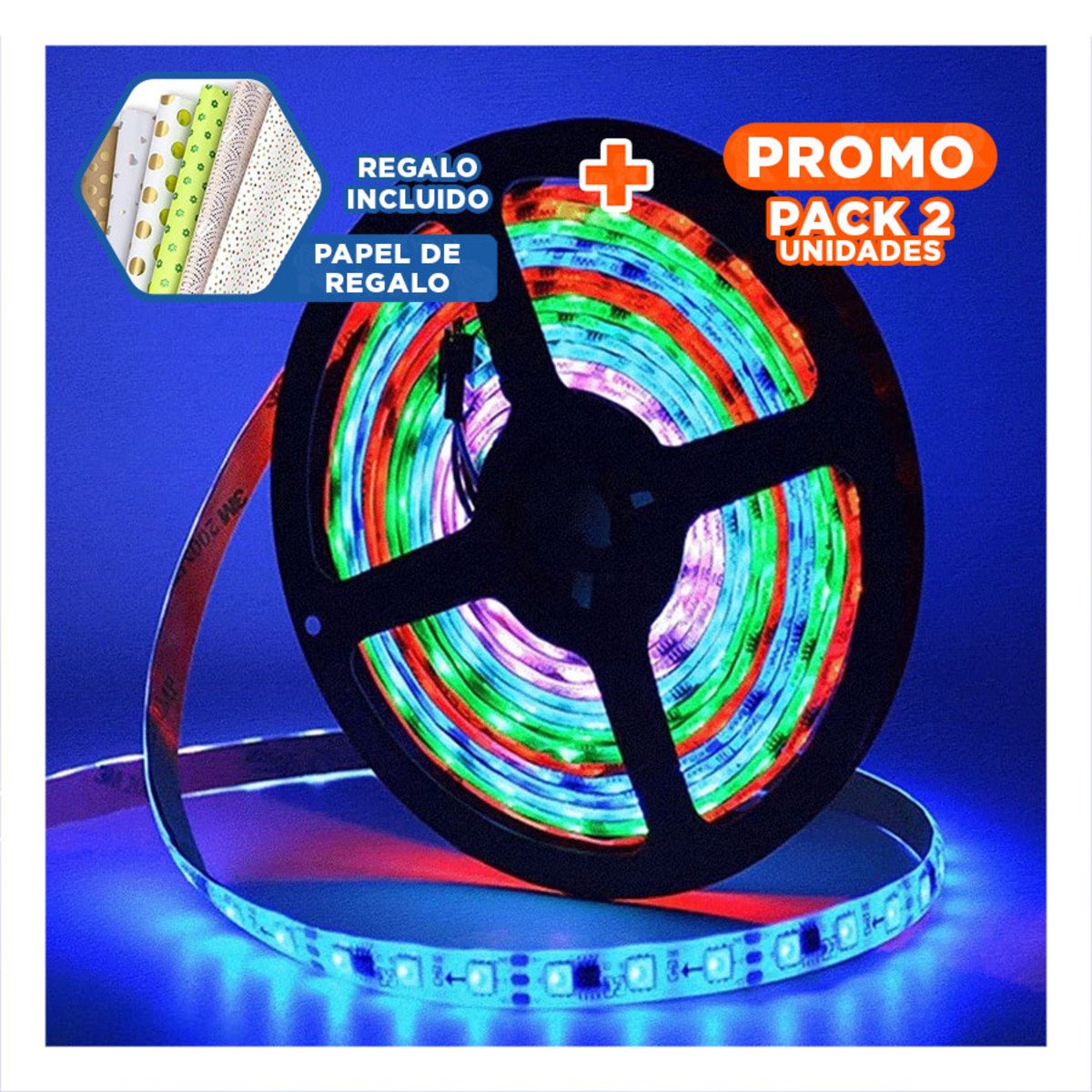 PACK2 BANDAS LED CON CONTROL 5MT PARA DECORACION CUARTO SALA CASA Y+PAPEL REGALO - 1