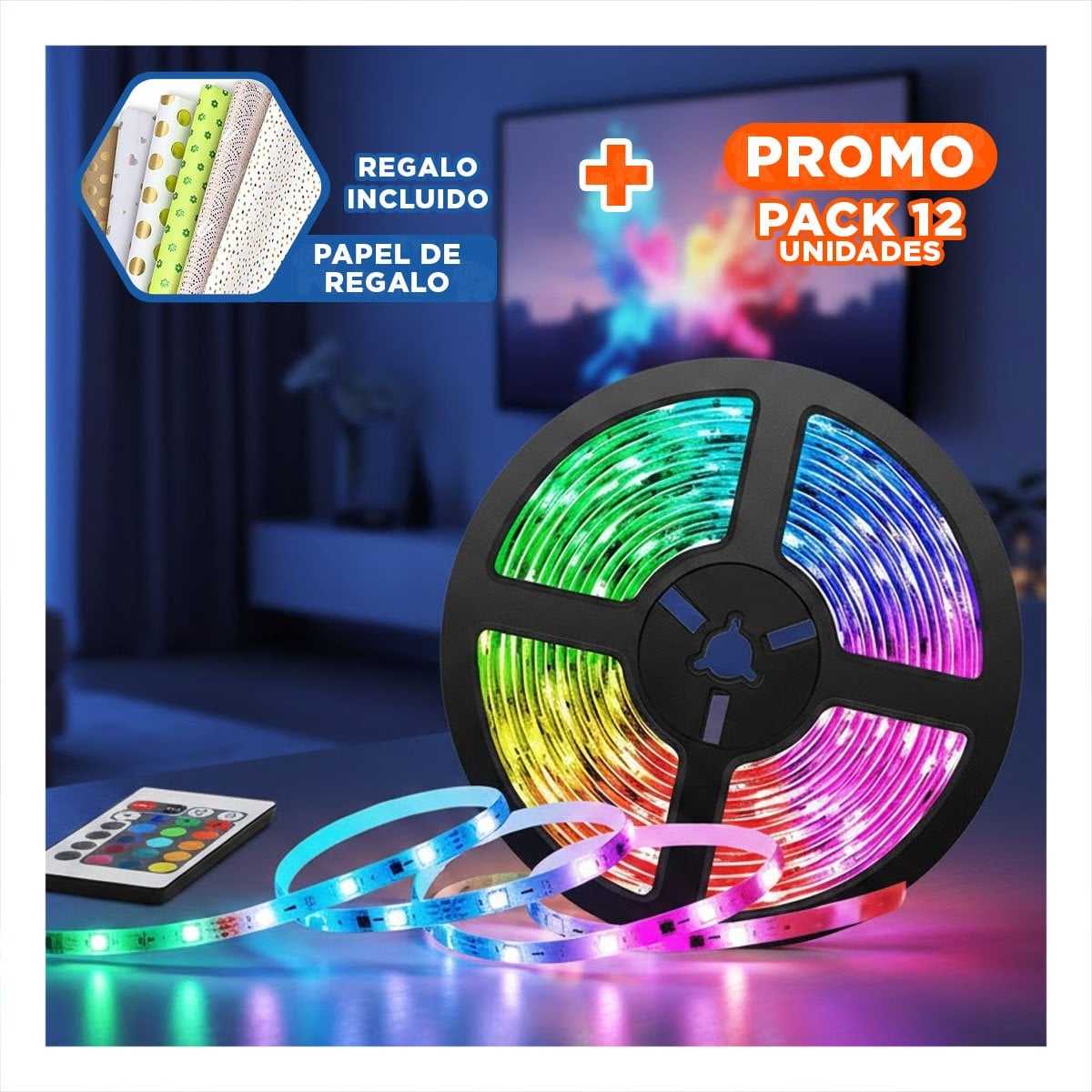 PACK12 TIRAS 5MT LED PARA DECORACION HOGAR CON CONTROL LUZ BLANCO Y+PAPEL REGALO - 1