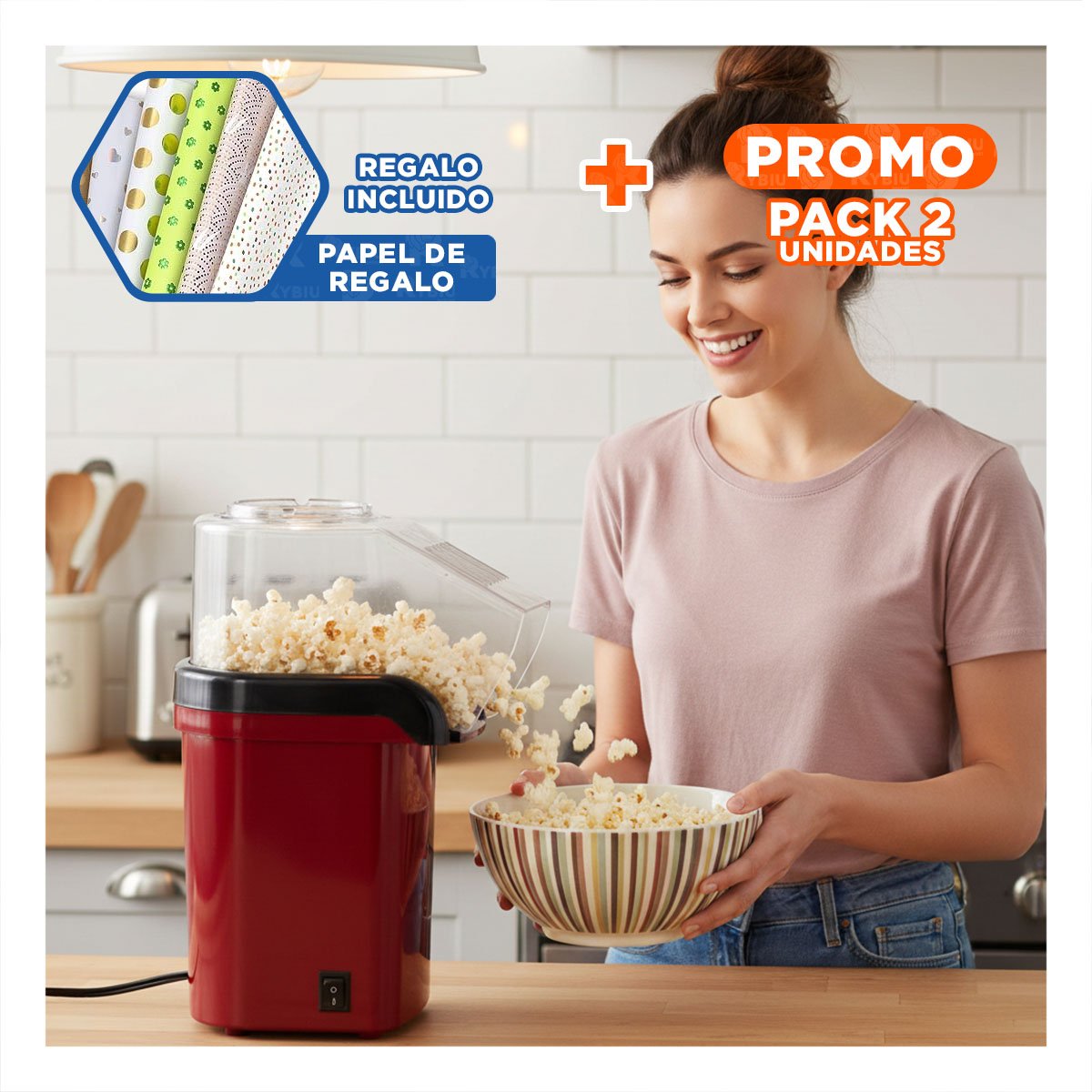 PACK2 EQUIPO DE POPCORN COLOR ROJO ESTILO CLASICO PARA HOGAR Y+PAPEL REGALO - 1