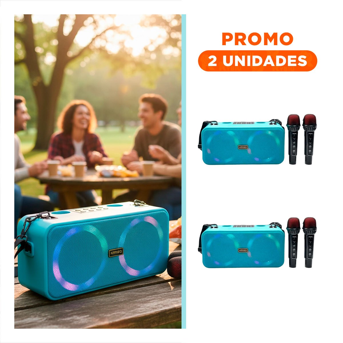 PACK2 EQUIPO DE SONIDO CON DOS MICROFONOS DE PLASTICO CELESTE Y CORREA - 1