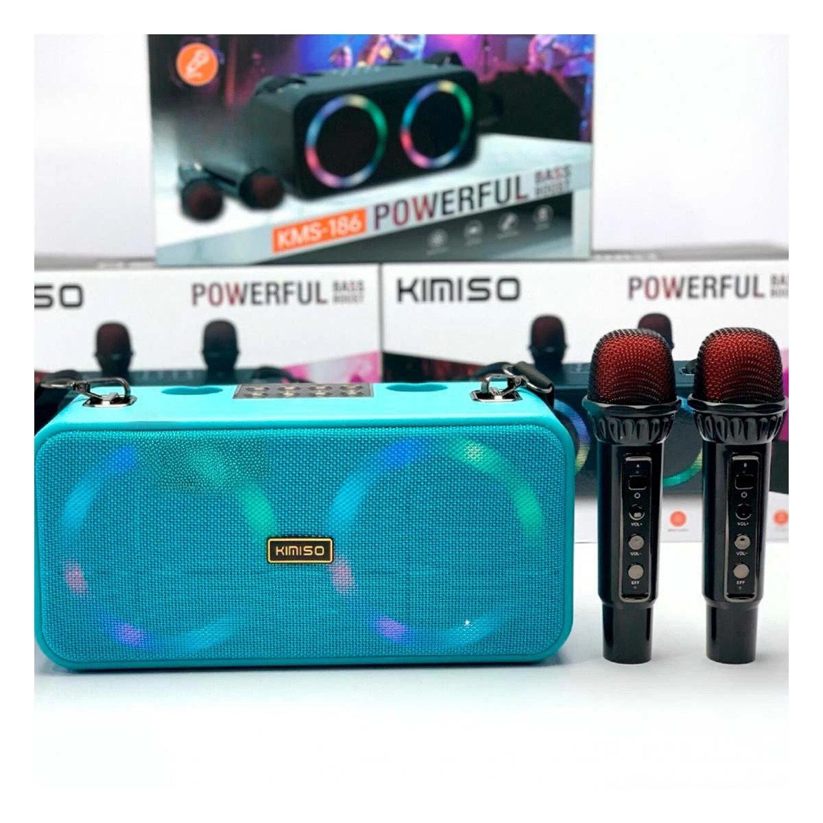 PACK2 EQUIPO DE SONIDO CON DOS MICROFONOS DE PLASTICO CELESTE Y CORREA - 2