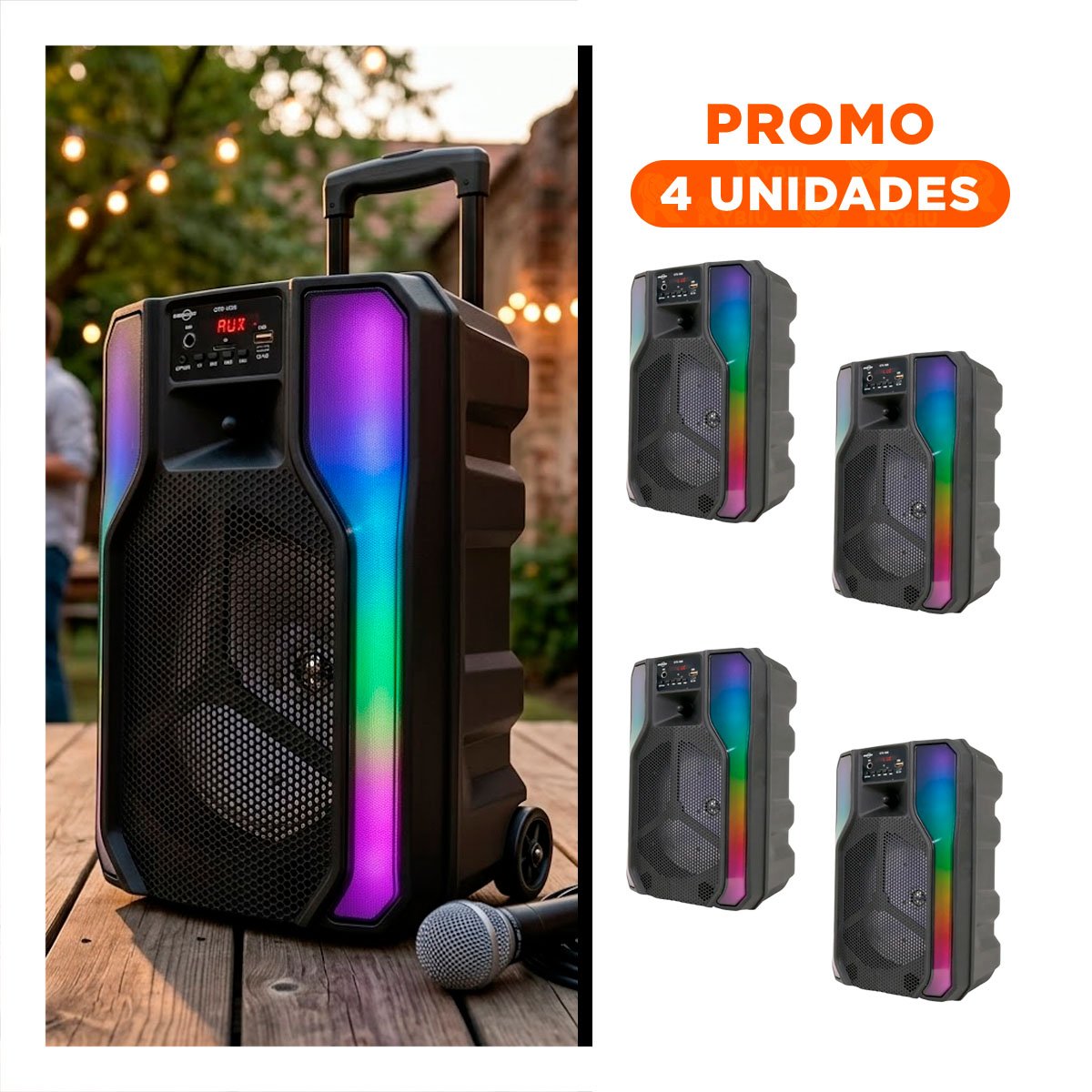 PACK2 BOCINA PARA EL HOGAR CON LUCES LED Y MICROFONO DE 8 PULGADAS CON RUEDAS - 1
