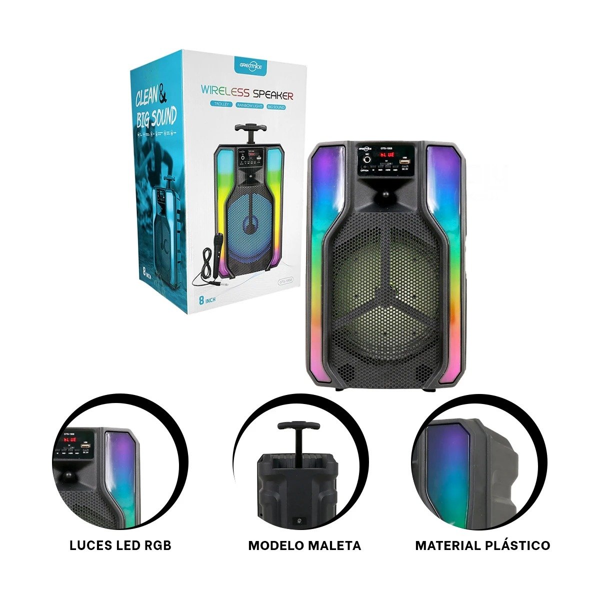 PACK2 BOCINA PARA EL HOGAR CON LUCES LED Y MICROFONO DE 8 PULGADAS CON RUEDAS - 5