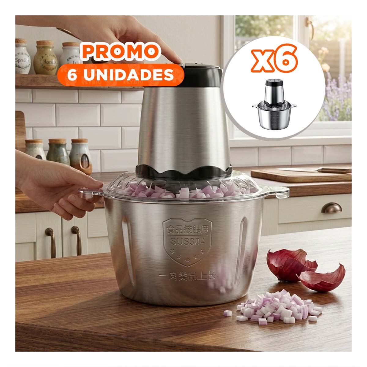 PACK6 PICADOR DE ALIMENTOS 3L PLATEADO ELECTRICO Y FUNCIONAL PARA CASA Y+REGALO STICKER - 1