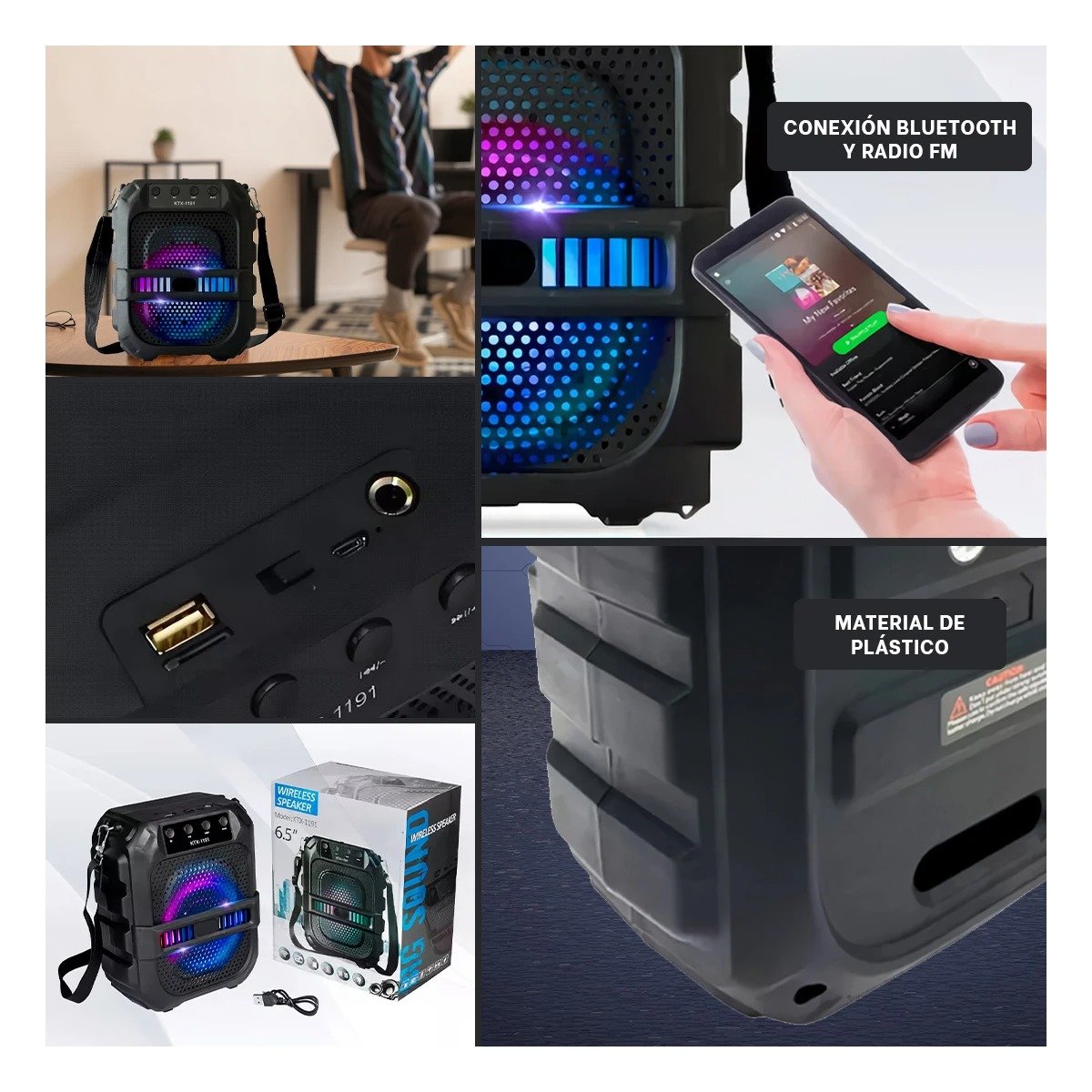 PACK6 BOCINA CON CORREA DE PLASTICO NEGRO DE 6,5 PULGADAS CON CONEXION DE AUDIO Y+PAPEL REGALO - 3