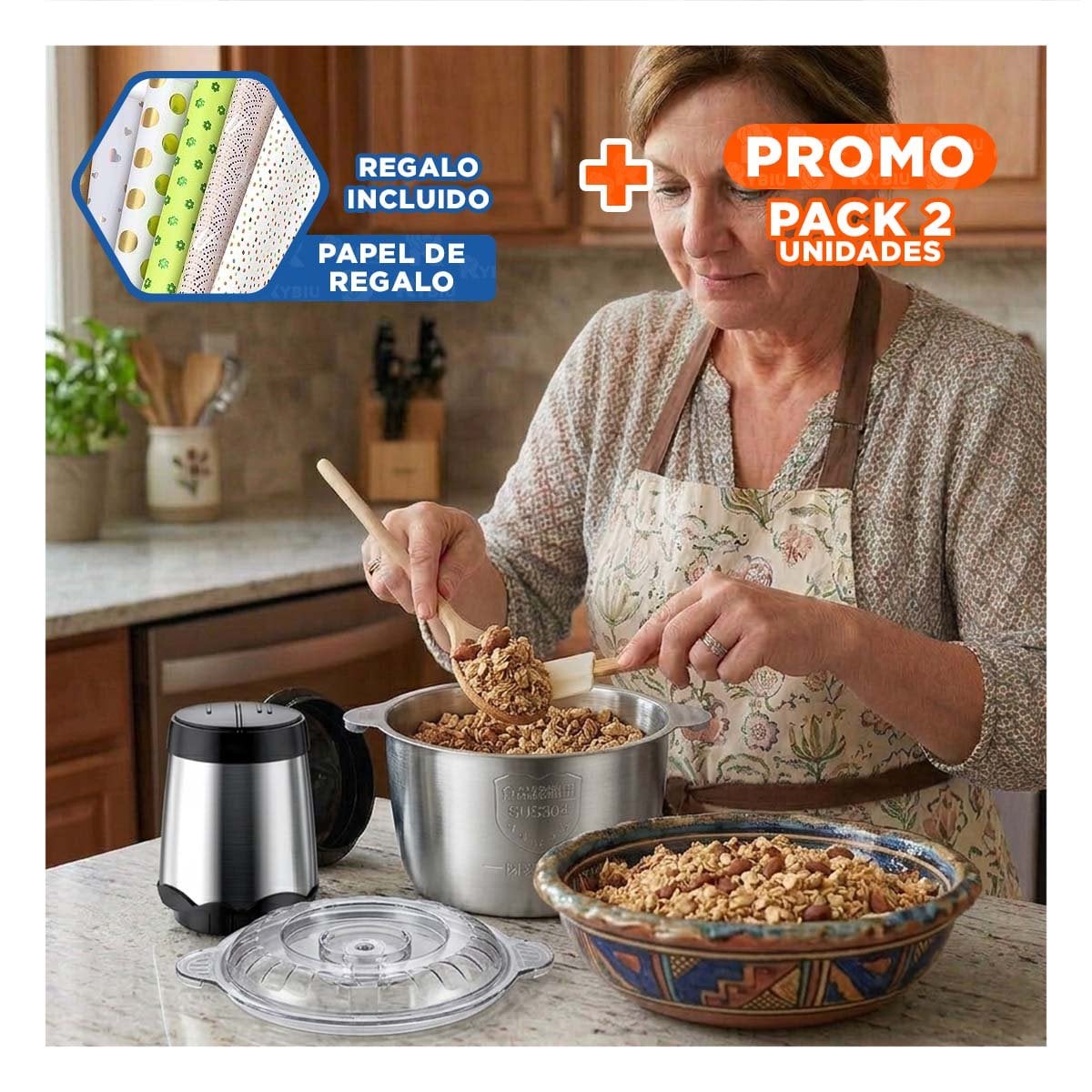 PACK2 PROCESADOR MULTIFUNCIONAL 3L PLATEADO POTENTE Y MODERNO PARA COCINA Y+PAPEL REGALO - 1