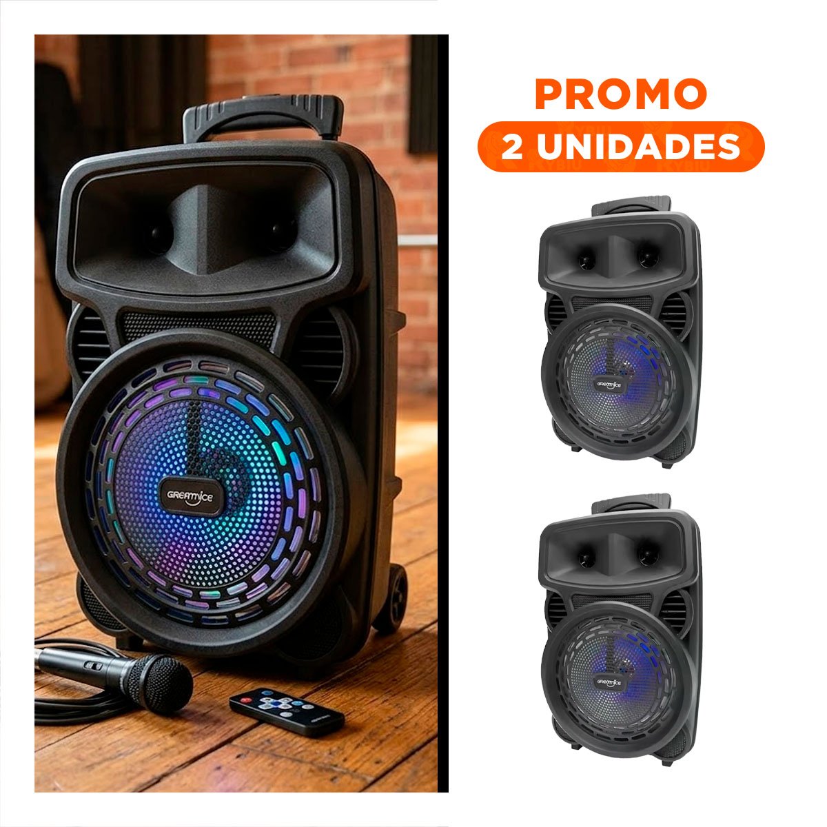 PACK2 SISTEMA CON LUCES LED DE OCHO PULGADAS CON MICROFONO Y CONTROL NEGRO Y+REGALO STICKER - 1