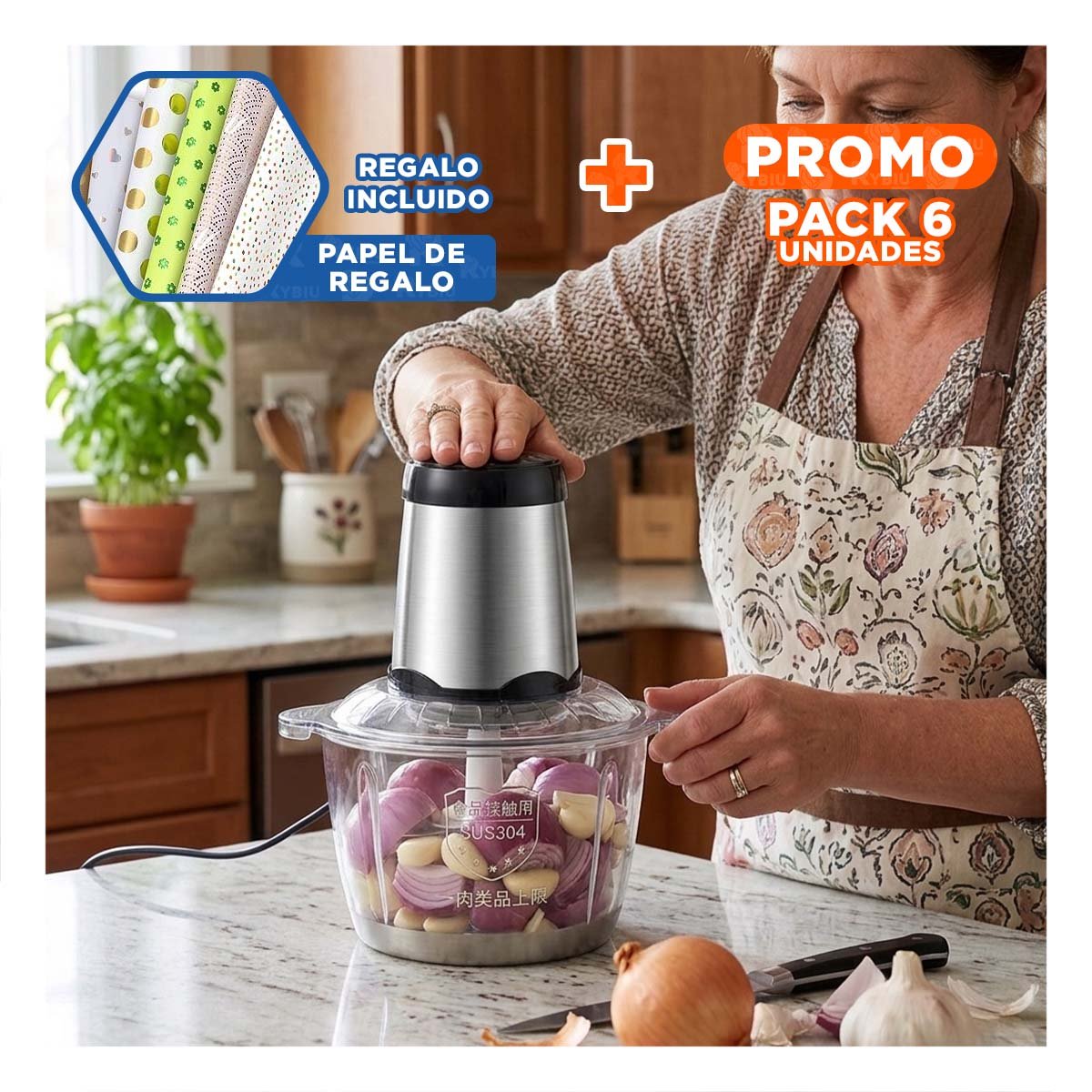 PACK6 TRITURADOR DE ALIMENTOS 3L PLATEADO RESISTENTE Y DURADERO PARA EL HOGAR Y+PAPEL REGALO - 1