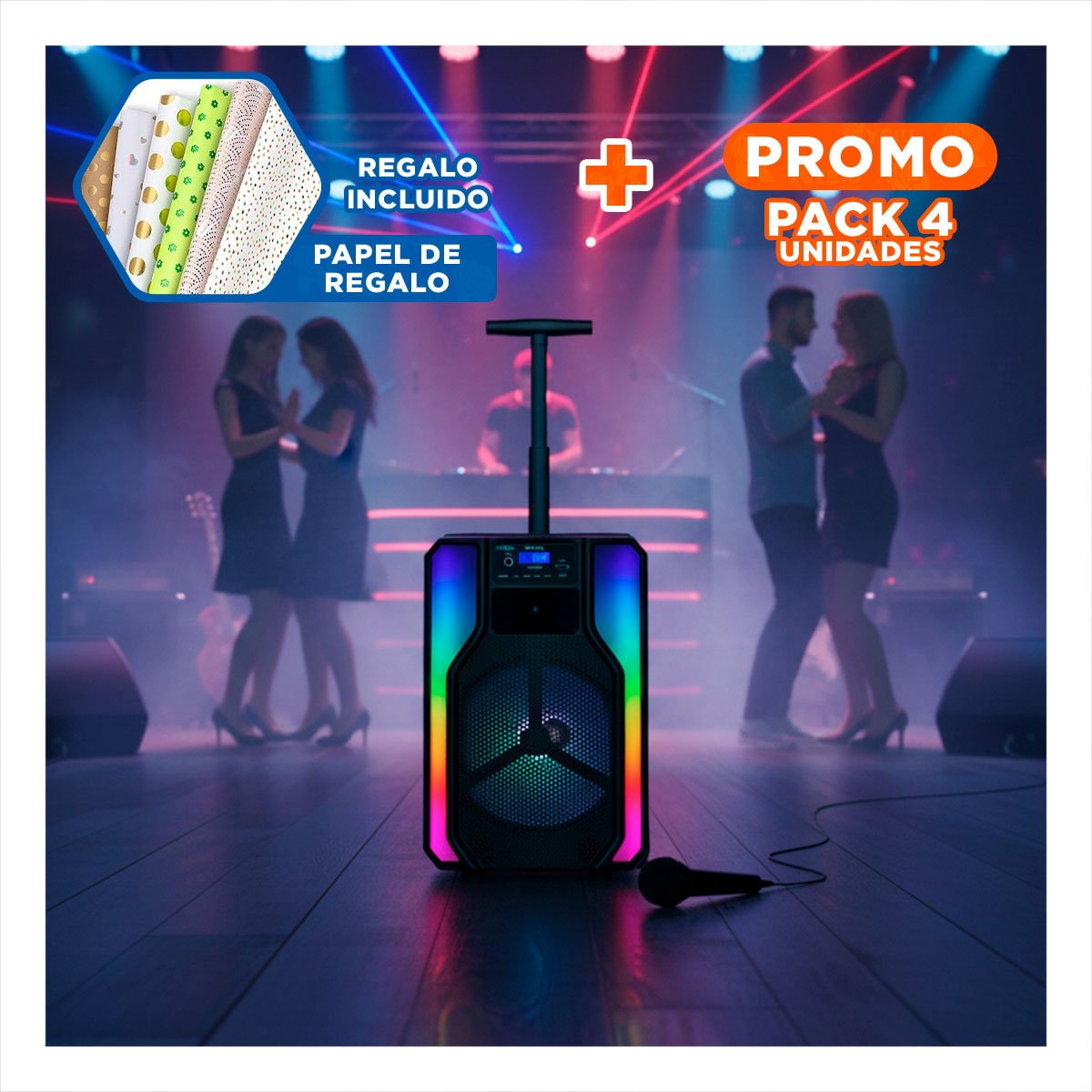 PACK4 BOCINA CON LUCES LED Y RUEDAS CON MICROFONO DE 8 PULGADAS SONIDO POTENTE Y+REGALO STICKER - 1