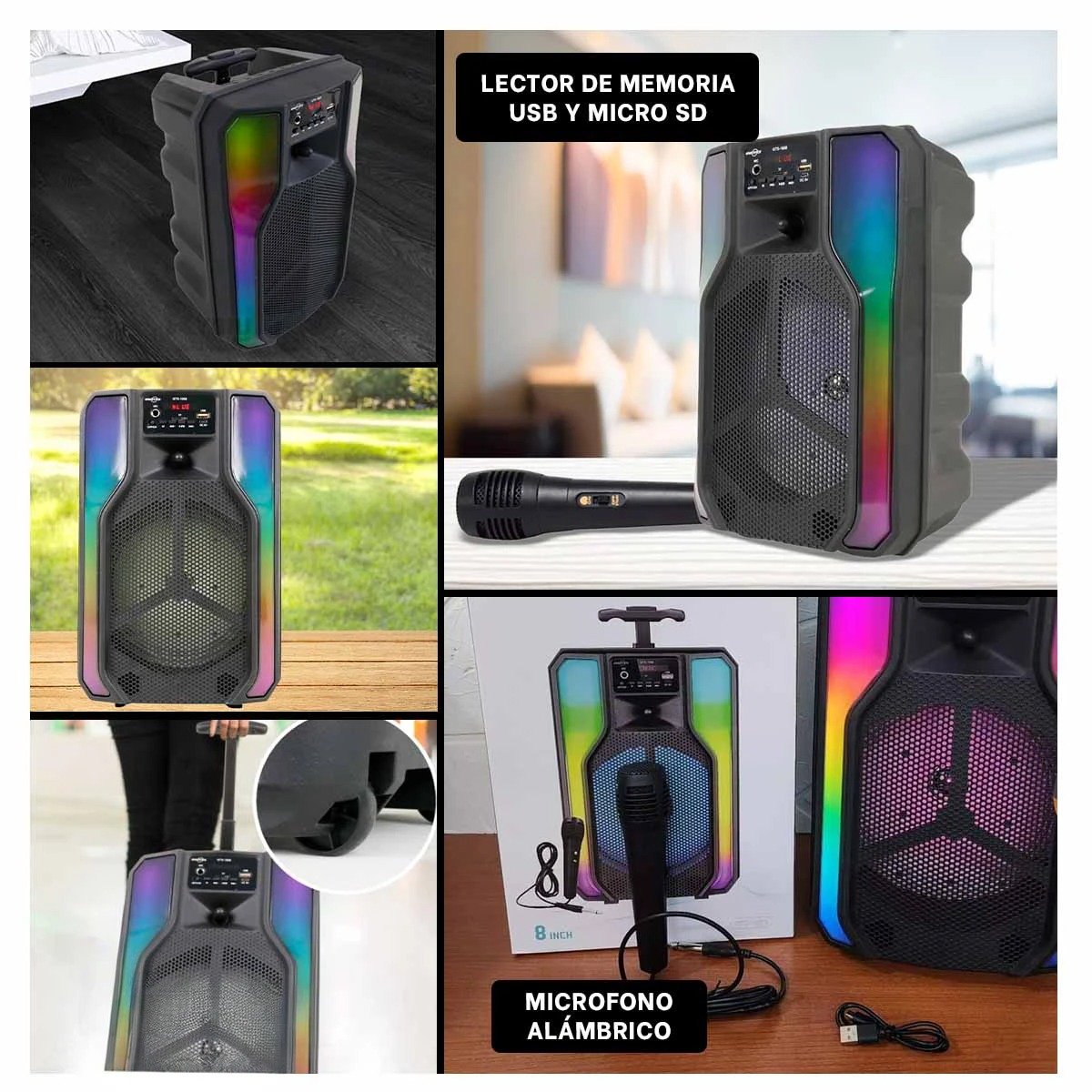 PACK4 BOCINA CON LUCES LED Y RUEDAS CON MICROFONO DE 8 PULGADAS SONIDO POTENTE Y+REGALO STICKER - 2