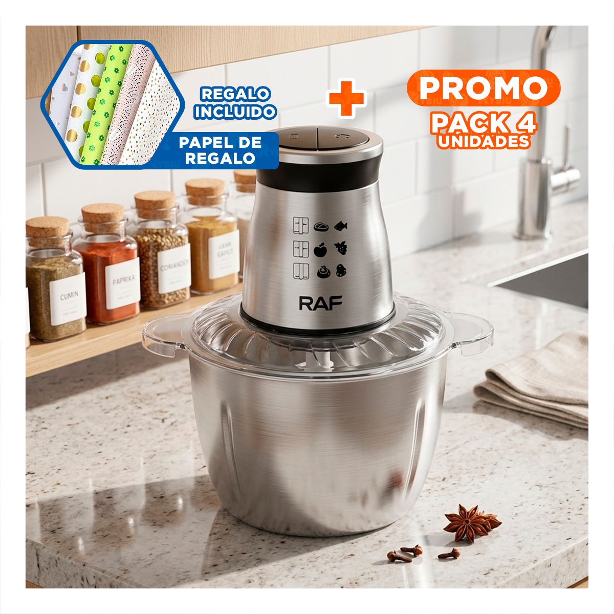 PACK4 MEZCLADOR PROFESIONAL DE ALIMENTOS 3L PLATEADO PARA COCINA Y+PAPEL REGALO - 1