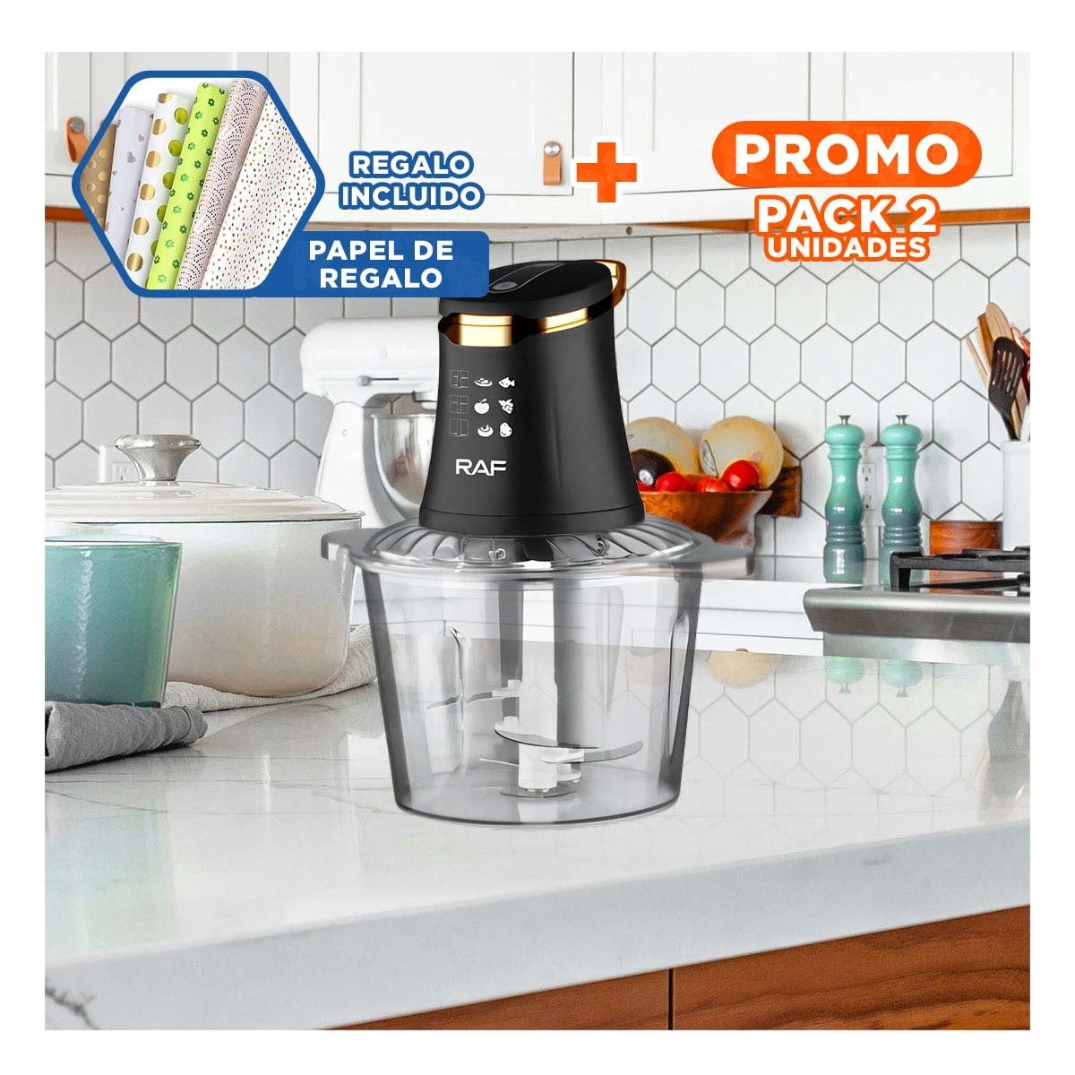 PACK2 MEZCLADOR DE ALIMENTOS CON 4 CUCHILLAS NEGRO POTENTE Y DURADERO Y+PAPEL REGALO - 1