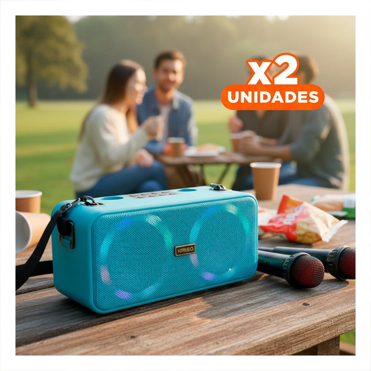 PACK2 ALTAVOZ CELESTE CON DOS MICROFONOS DE PLASTICO MODERNO Y CORREA Y+REGALO STICKER - 1