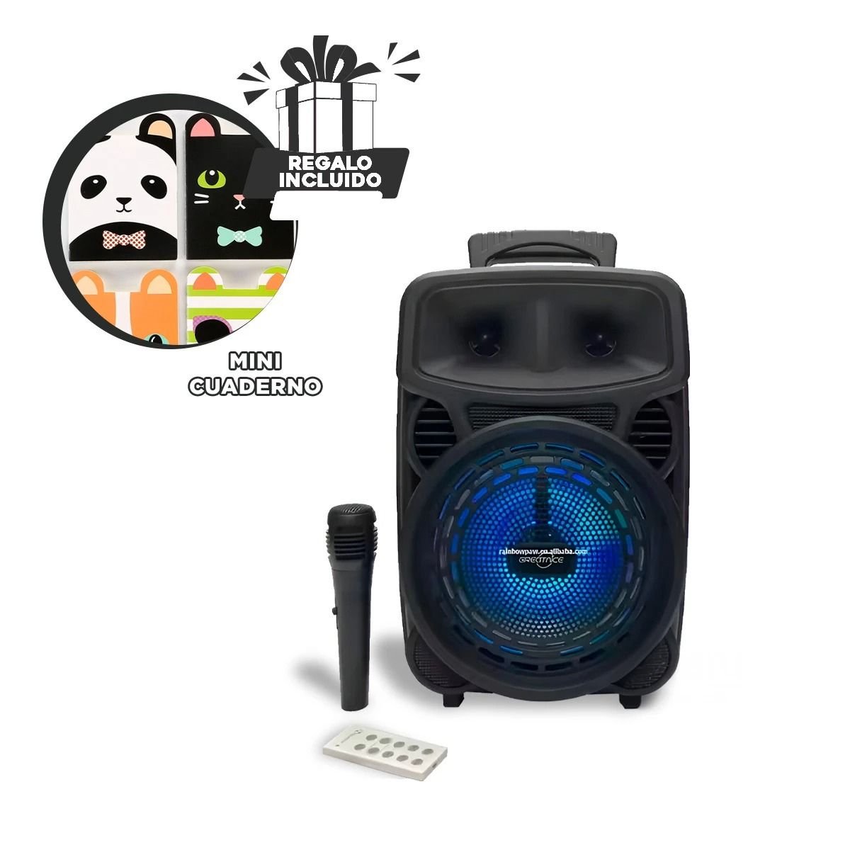 SISTEMA DE SONIDO CON LUCES LED Y MICROFONO DE OCHO PULGADAS COLOR NEGRO Y+REGALO STICKER - 1
