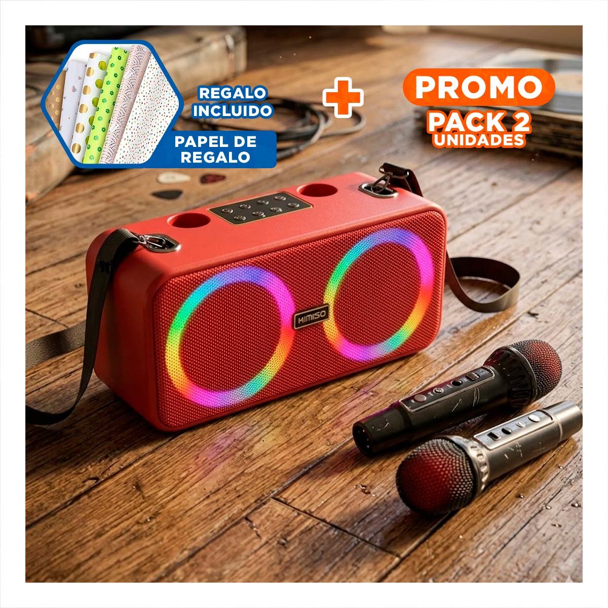 PACK2 DISPOSITIVO DURADERO CON CORREA Y DOS MICROFONOS ROJO DE PLASTICO ELEGANTE Y+PAPEL REGALO - 1