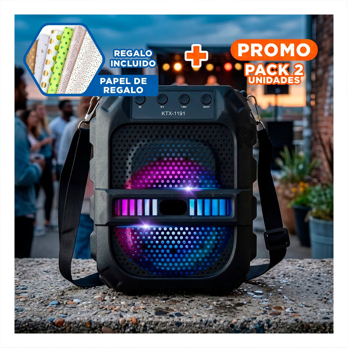 PACK2 ALTAVOZ DE 6,5 PULGADAS NEGRO DE PLASTICO CON CORREA PARA LLEVAR A LADO Y+PAPEL REGALO - 1