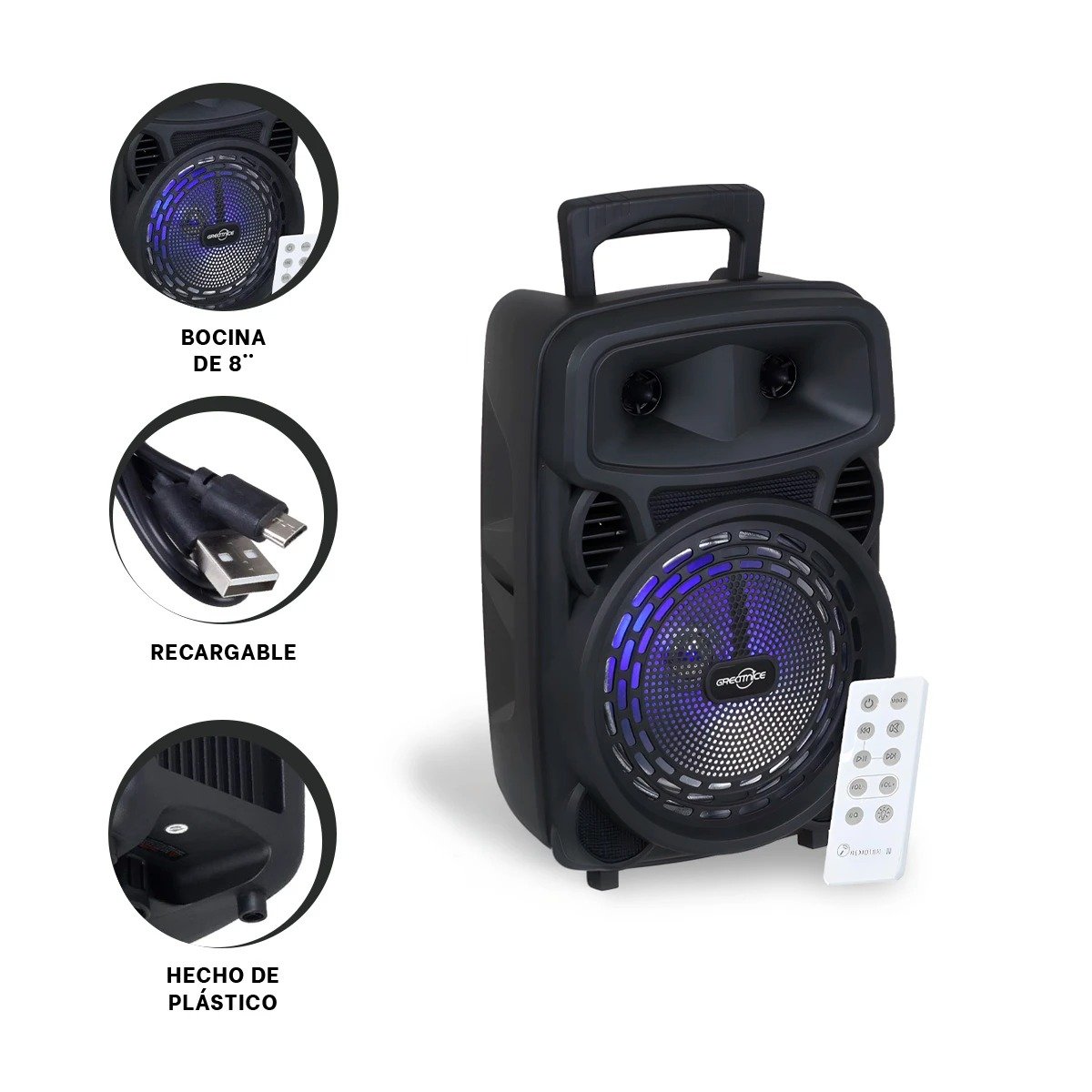 EQUIPO DE MUSICA DE OCHO PULGADAS CON MICROFONO Y CONTROL NEGRO DE PLASTICO Y+PAPEL REGALO - 5