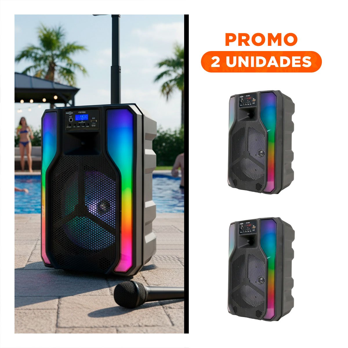 PACK2 AMPLIFICADOR DE 8 PULGADAS PARA EL HOGAR CON MICROFONO Y LUCES LED Y+REGALO STICKER - 1