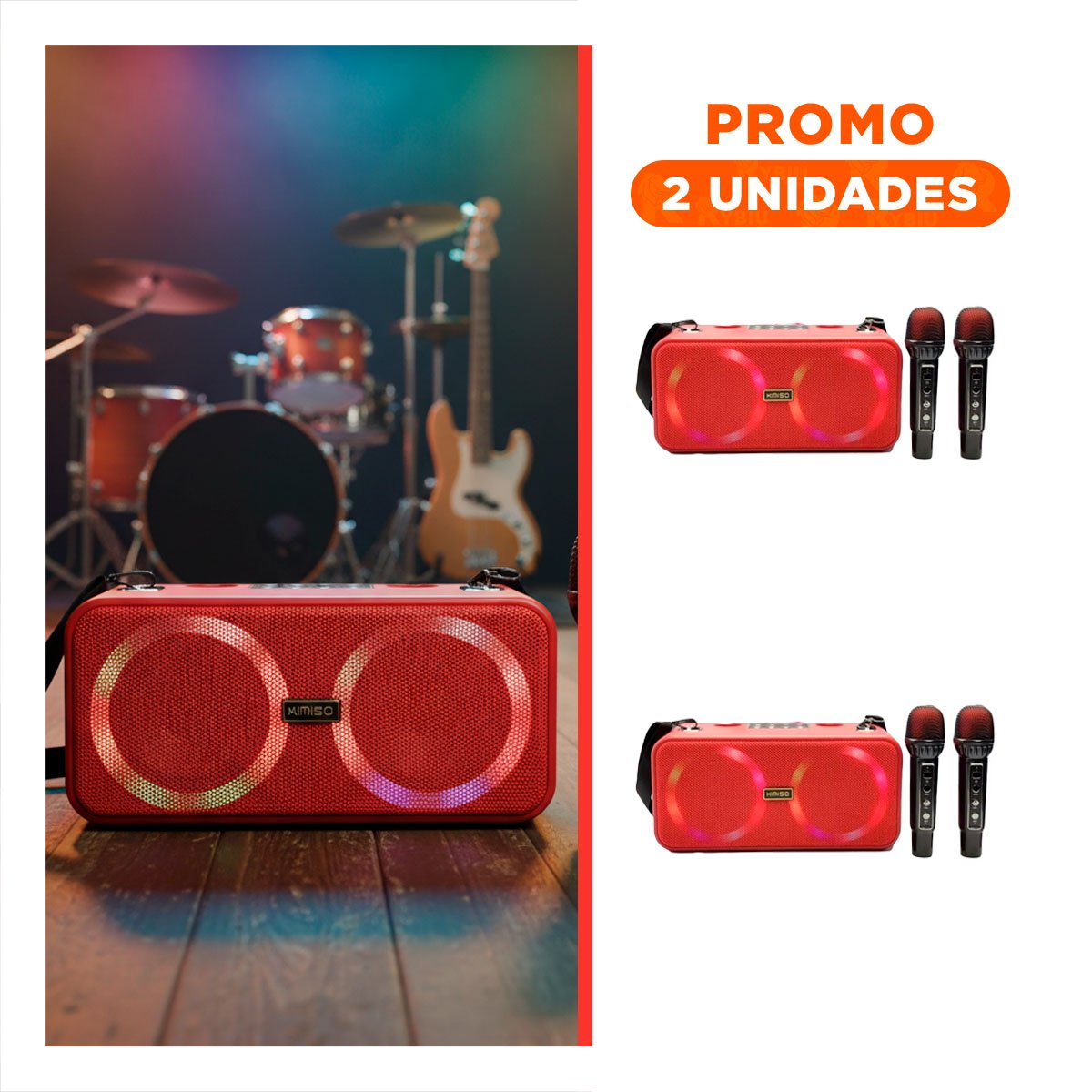 PACK2 SISTEMA POTENTE DE PLASTICO CON CORREA ROJA Y DOS MICROFONOS PARA EVENTOS - 1