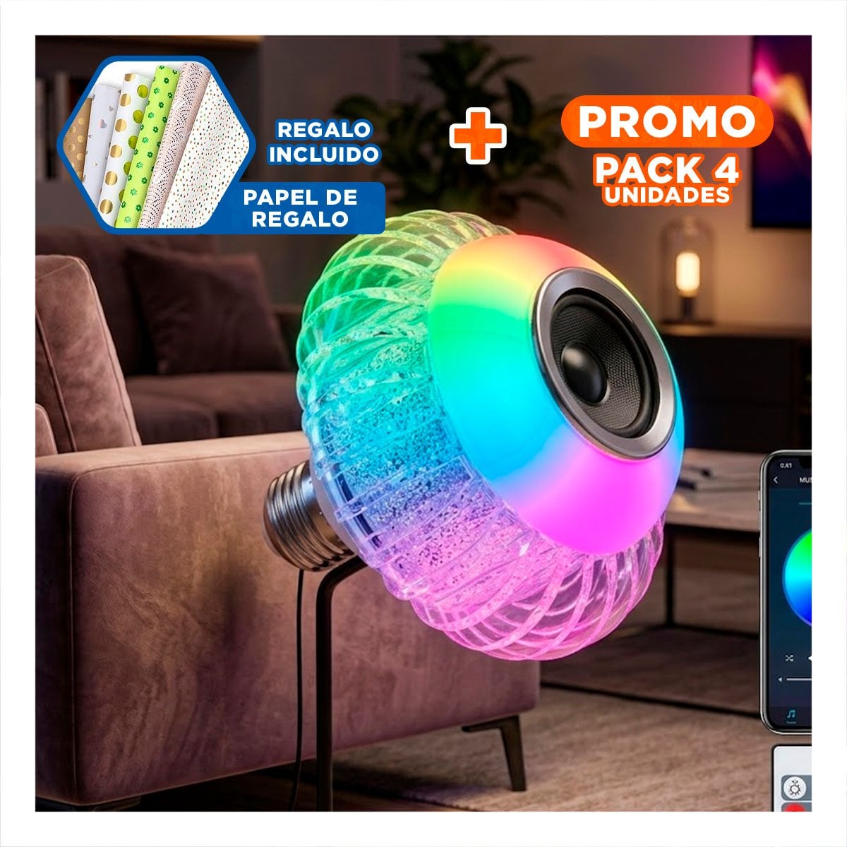 PACK4 LUZ LED BOCINA BLUETOOTH SMART MUSICAL PARA DORMITORIO Y AMBIENTE FESTIVO Y+PAPEL REGALO - 1