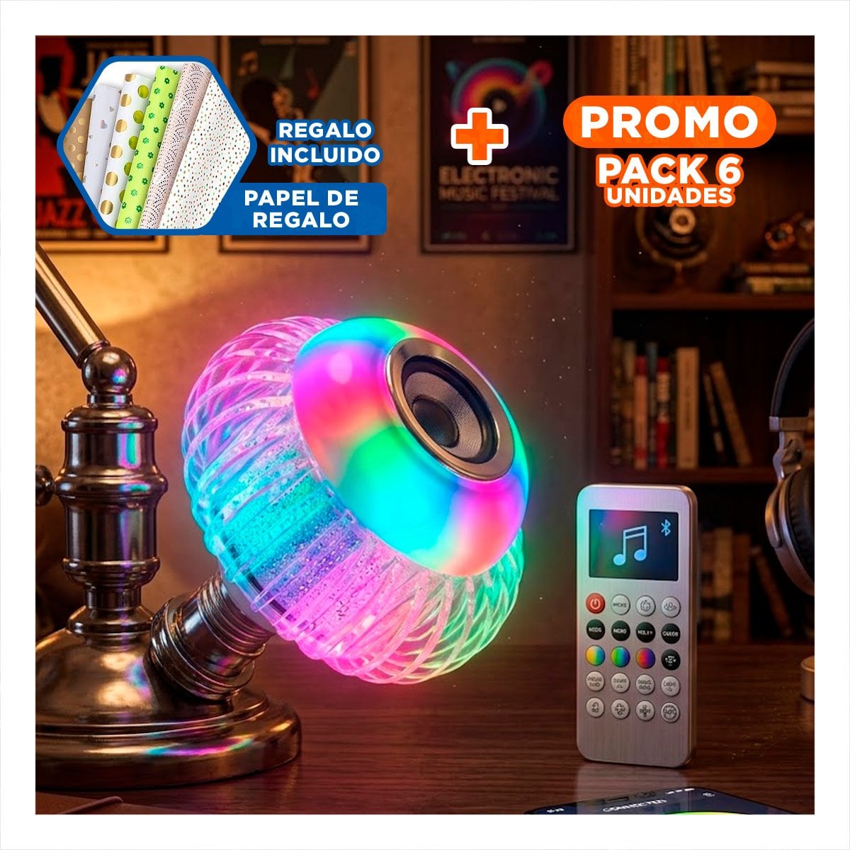 PACK6 LUZ LED BOCINA BLUETOOTH SMART MUSICAL PARA PATIO Y CASA CON LUCES LED Y+PAPEL REGALO - 1