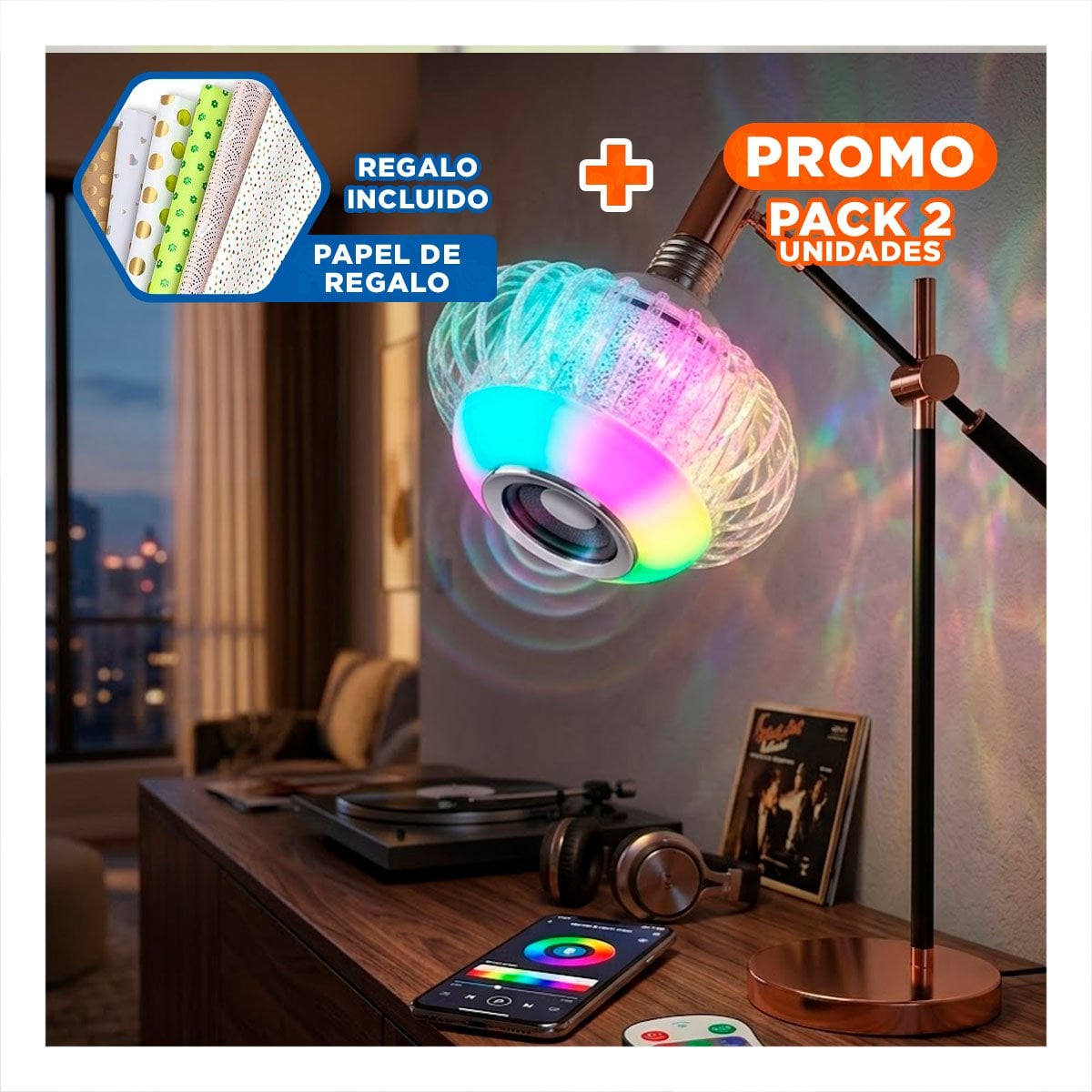 PACK2 BOMBILLA LED BOCINA BLUETOOTH SMART MUSICAL PARA JARDIN Y PATIO Y+PAPEL REGALO - 1