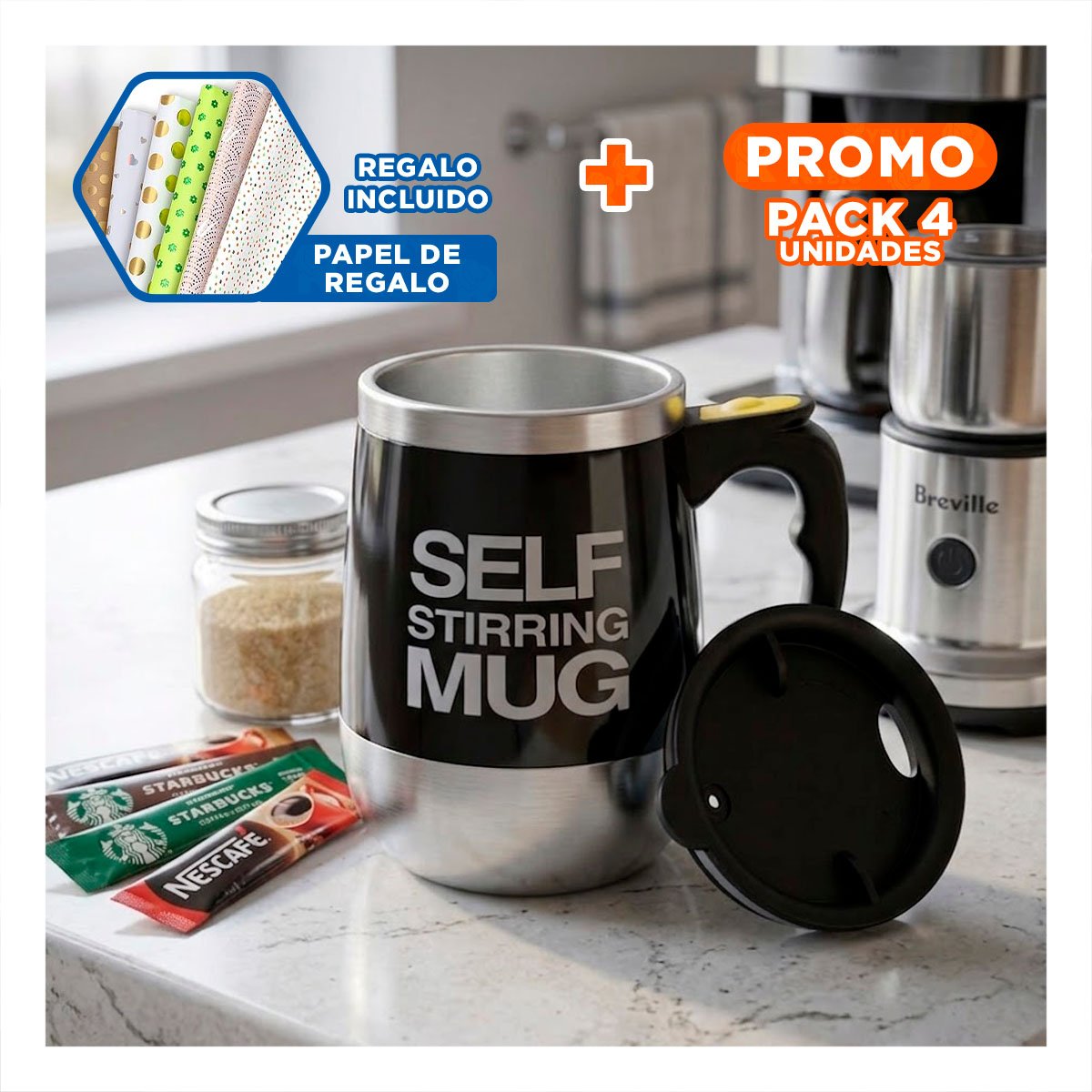 PACK4 VASO AUTOMATICA MEZCLADORA 400ML NEGRO LIGERO Y PRACTICO PARA BEBIDAS Y+PAPEL REGALO - 1