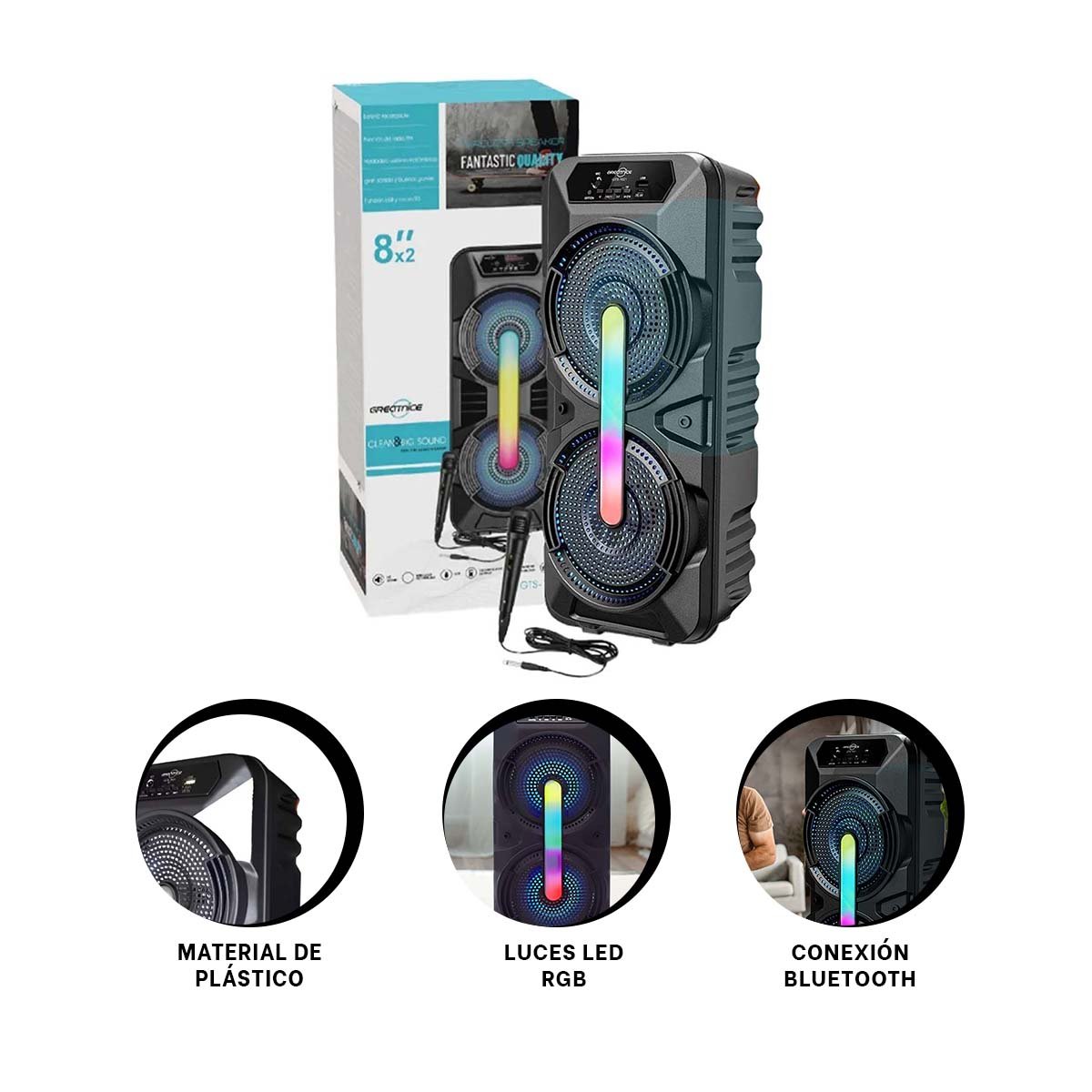PARLANTE INALAMBRICO COLOR NEGRO 8 PULGADAS CON MICROFONO Y SONIDO CLARO - 3