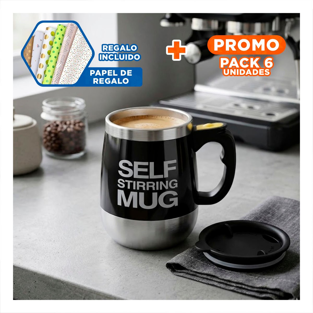 PACK6 VASO PORTATIL REVOLVEDOR 400ML NEGRO LIGERO Y DURABLE PARA HOGAR Y+PAPEL REGALO - 1