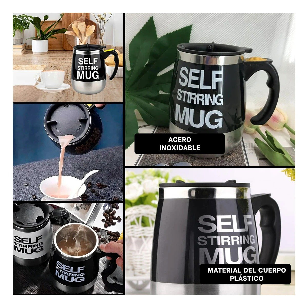 PACK6 VASO PORTATIL REVOLVEDOR 400ML NEGRO LIGERO Y DURABLE PARA HOGAR Y+PAPEL REGALO - 3